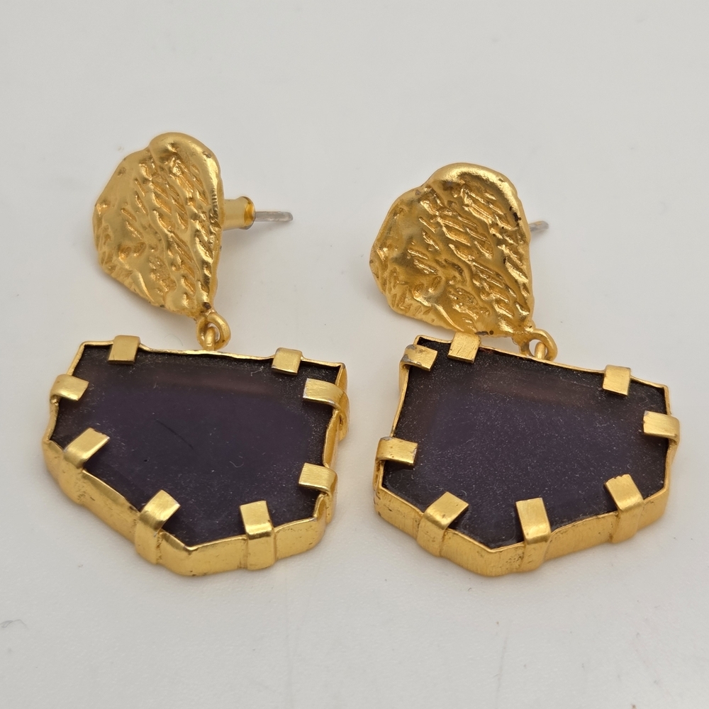 Gold Plated Purple Stone Dangle Earrings Chunky Designed